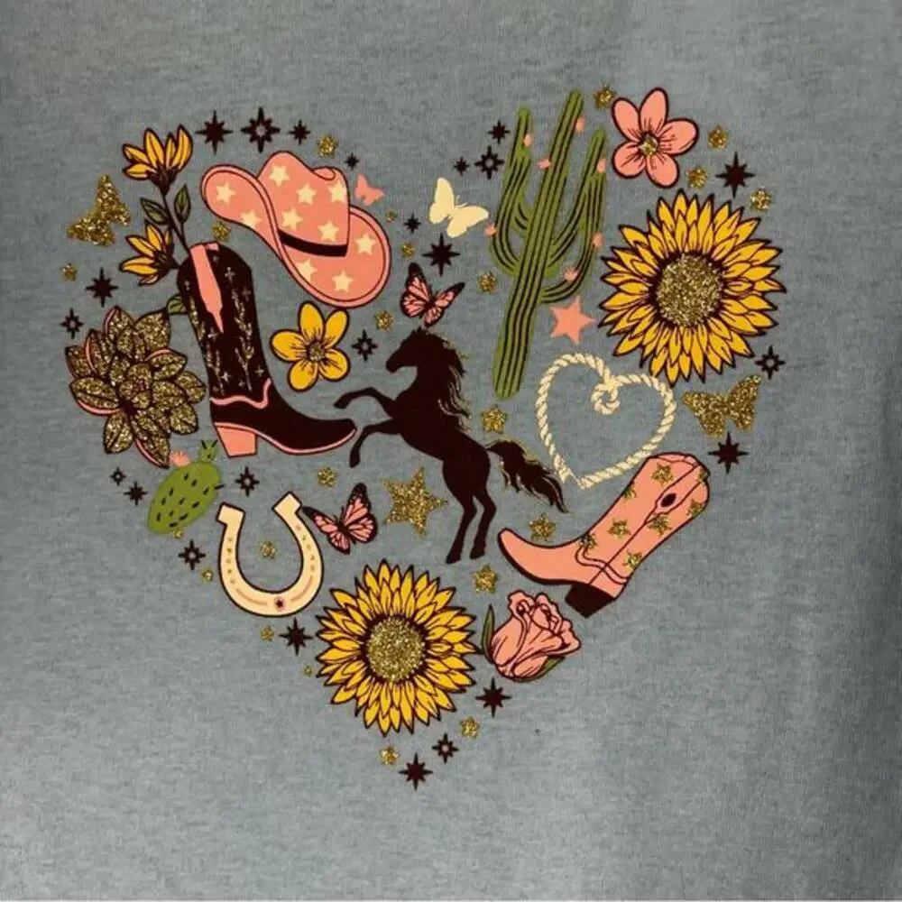 NWT The Children’s Place Girls XS Blue Cowgirl Graphic Tee Horse Western Cowgirl